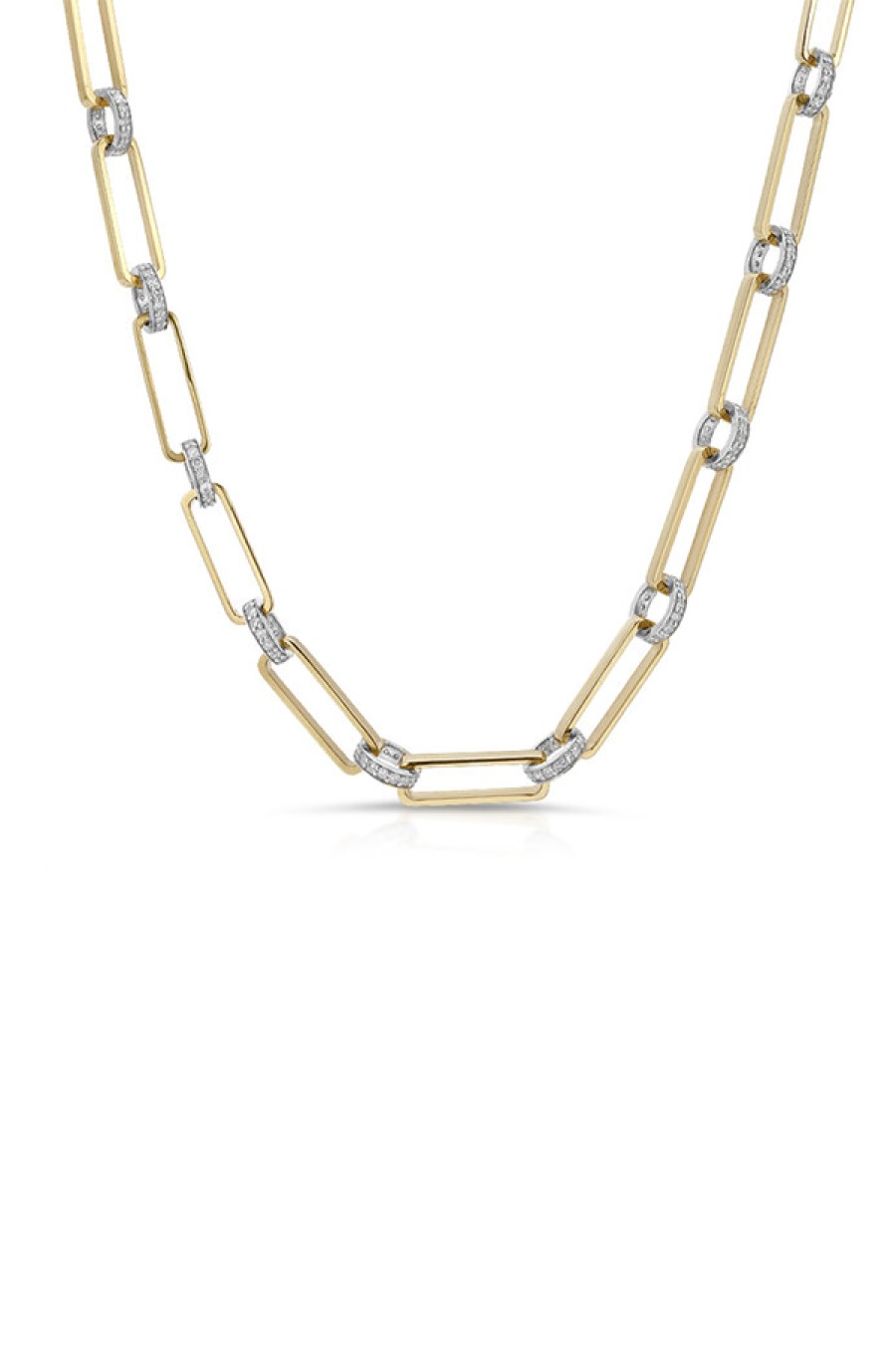 Nancy Newberg | 14K Yellow Gold Long Oval Link Necklace With Silver & White Diamond Rondelles