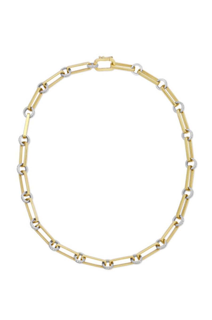 Nancy Newberg | 14K Yellow Gold Long Oval Link Necklace With Silver & White Diamond Rondelles