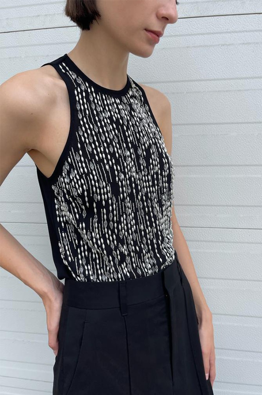 Maria McManus | Hand Beaded Racer Top In Black