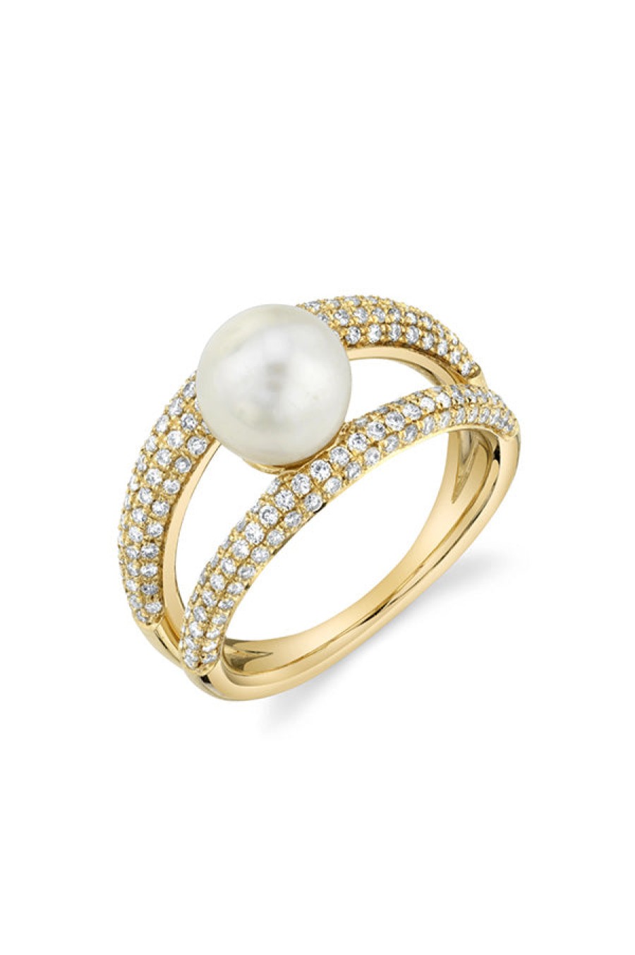 Gabriela Artigas | Twin Tusk Suspended Pearl Ring With White Pave Diamonds