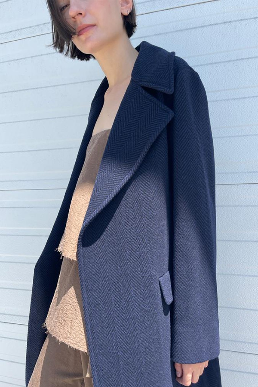 Dusan | Structured Herringbone Coat In Navy (Sold Out)