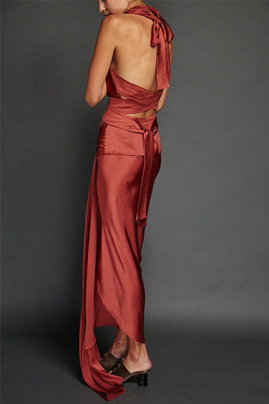 Juan Carlos Obando | Brick Washed Satin Draped Halter Dress (Sold Out)