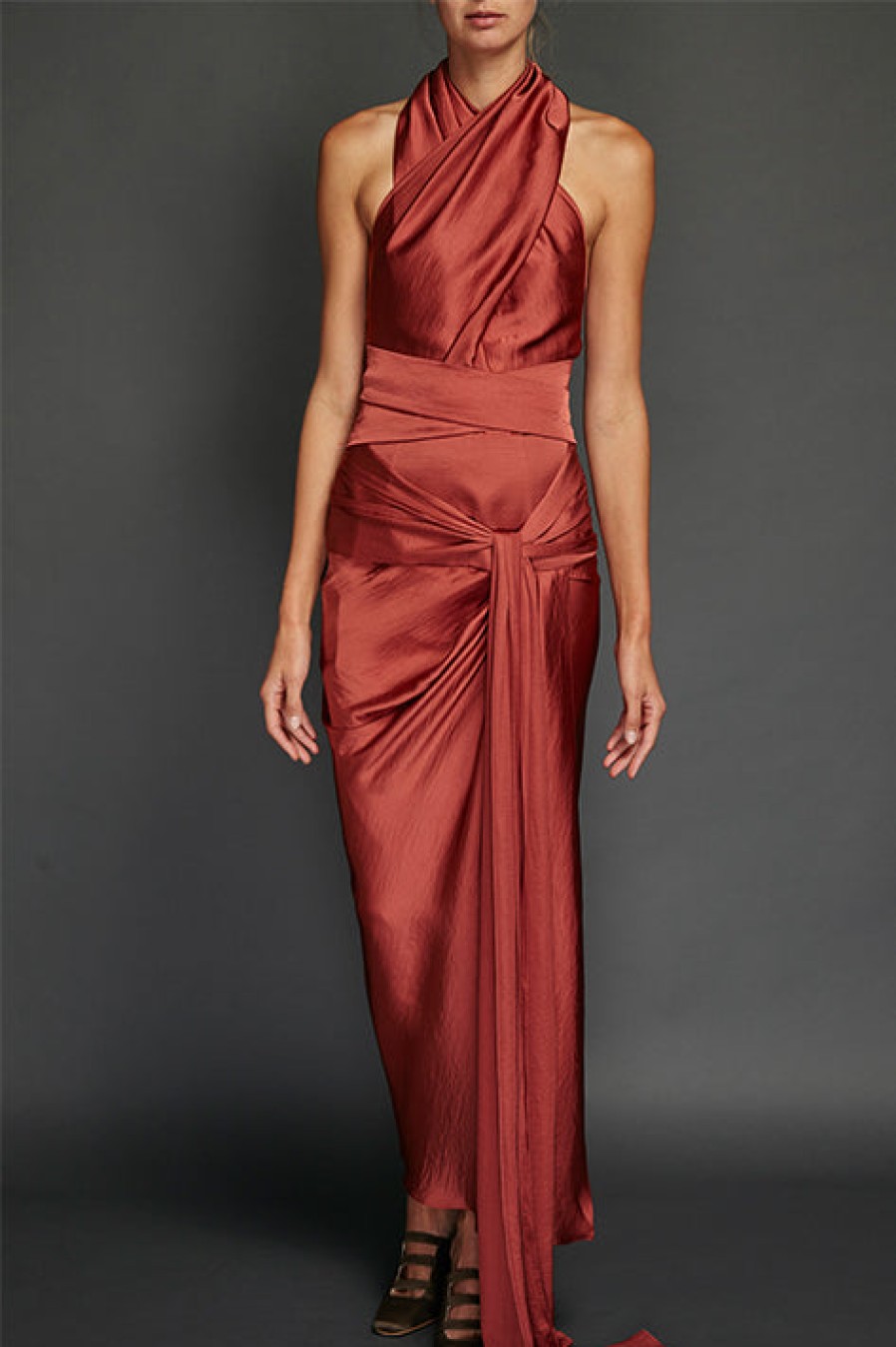 Juan Carlos Obando | Brick Washed Satin Draped Halter Dress (Sold Out)