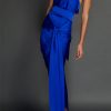 Juan Carlos Obando | Blue Washed Satin Draped Halter Dress