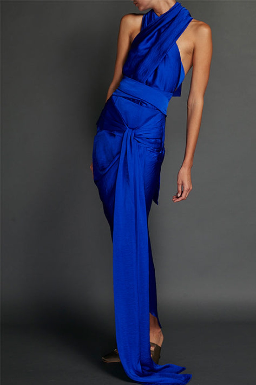 Juan Carlos Obando | Blue Washed Satin Draped Halter Dress