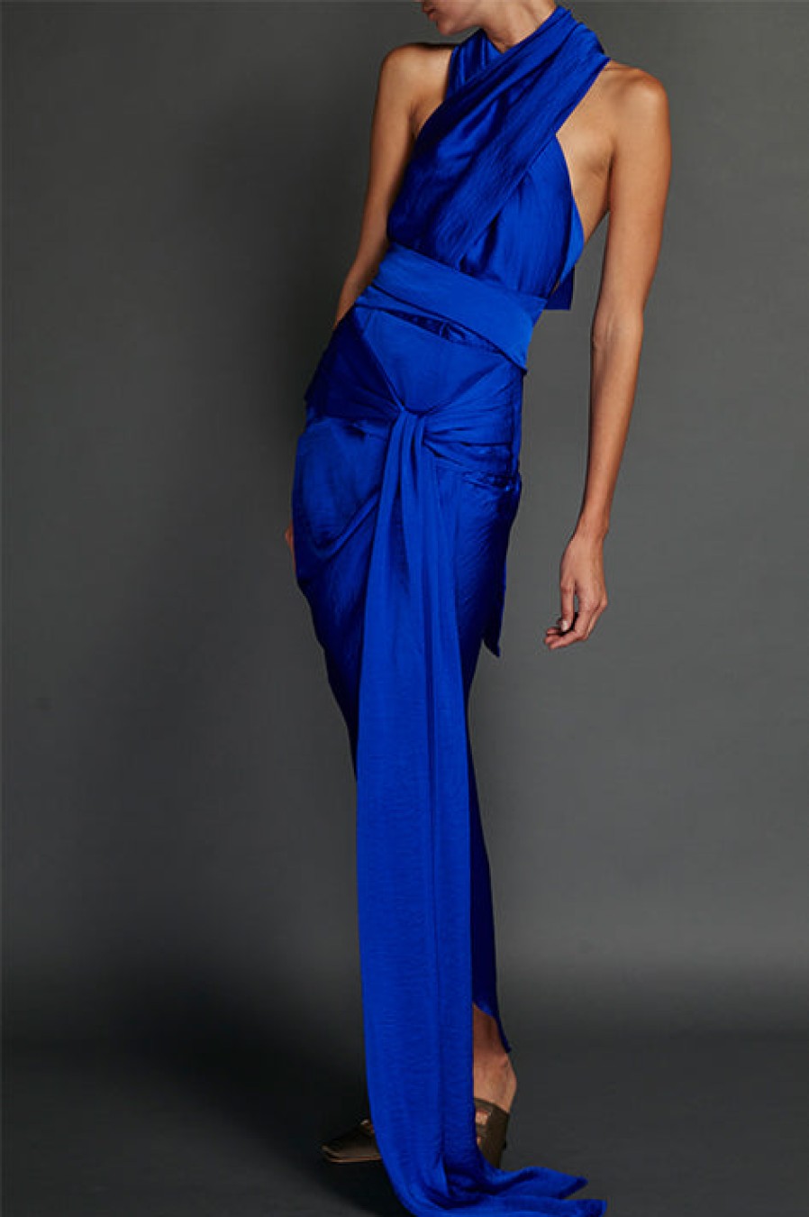 Juan Carlos Obando | Blue Washed Satin Draped Halter Dress