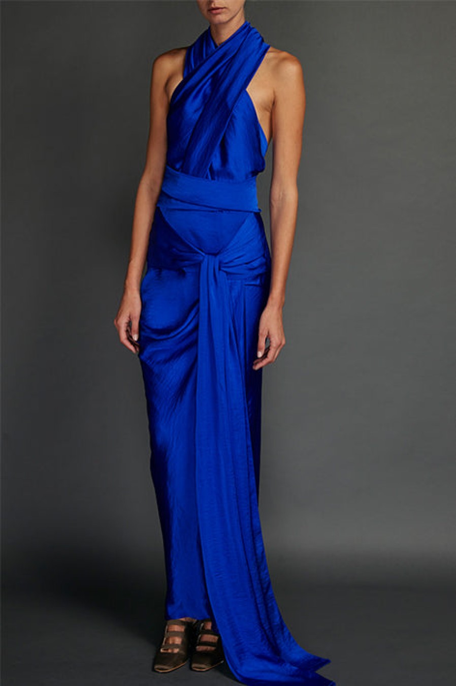 Juan Carlos Obando | Blue Washed Satin Draped Halter Dress