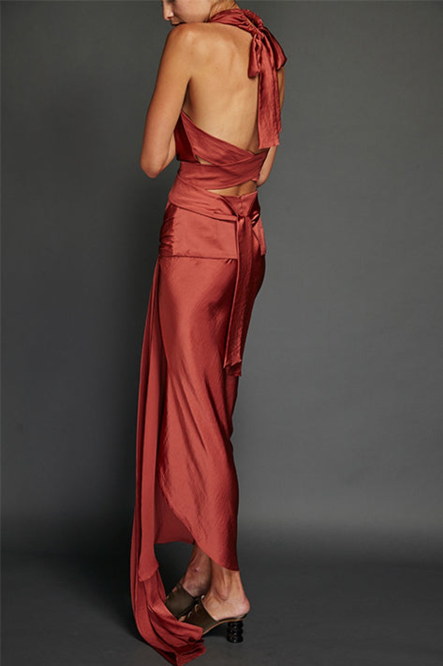 Juan Carlos Obando | Brick Washed Satin Draped Halter Dress (Sold Out)