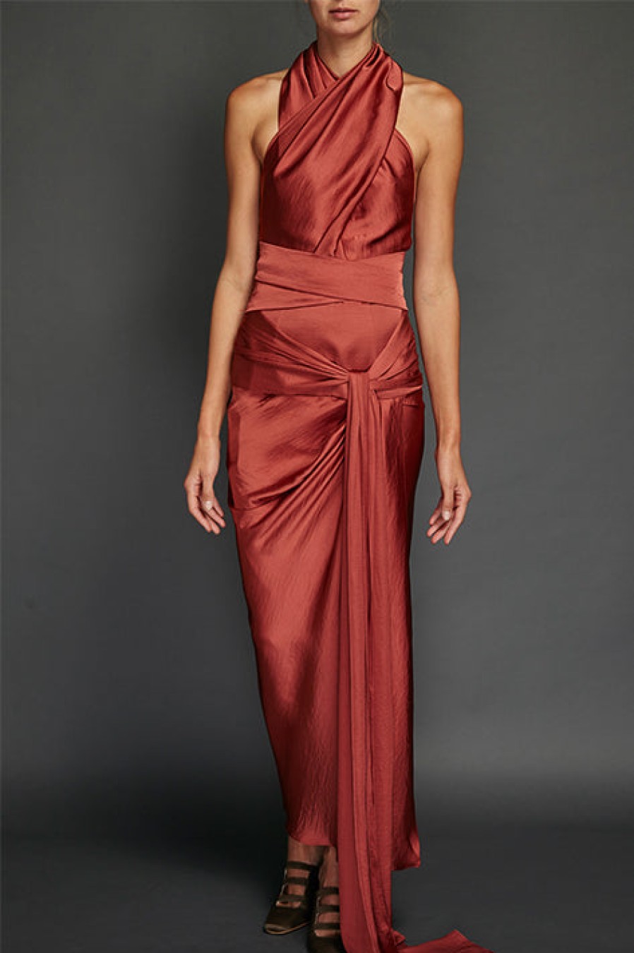 Juan Carlos Obando | Brick Washed Satin Draped Halter Dress (Sold Out)